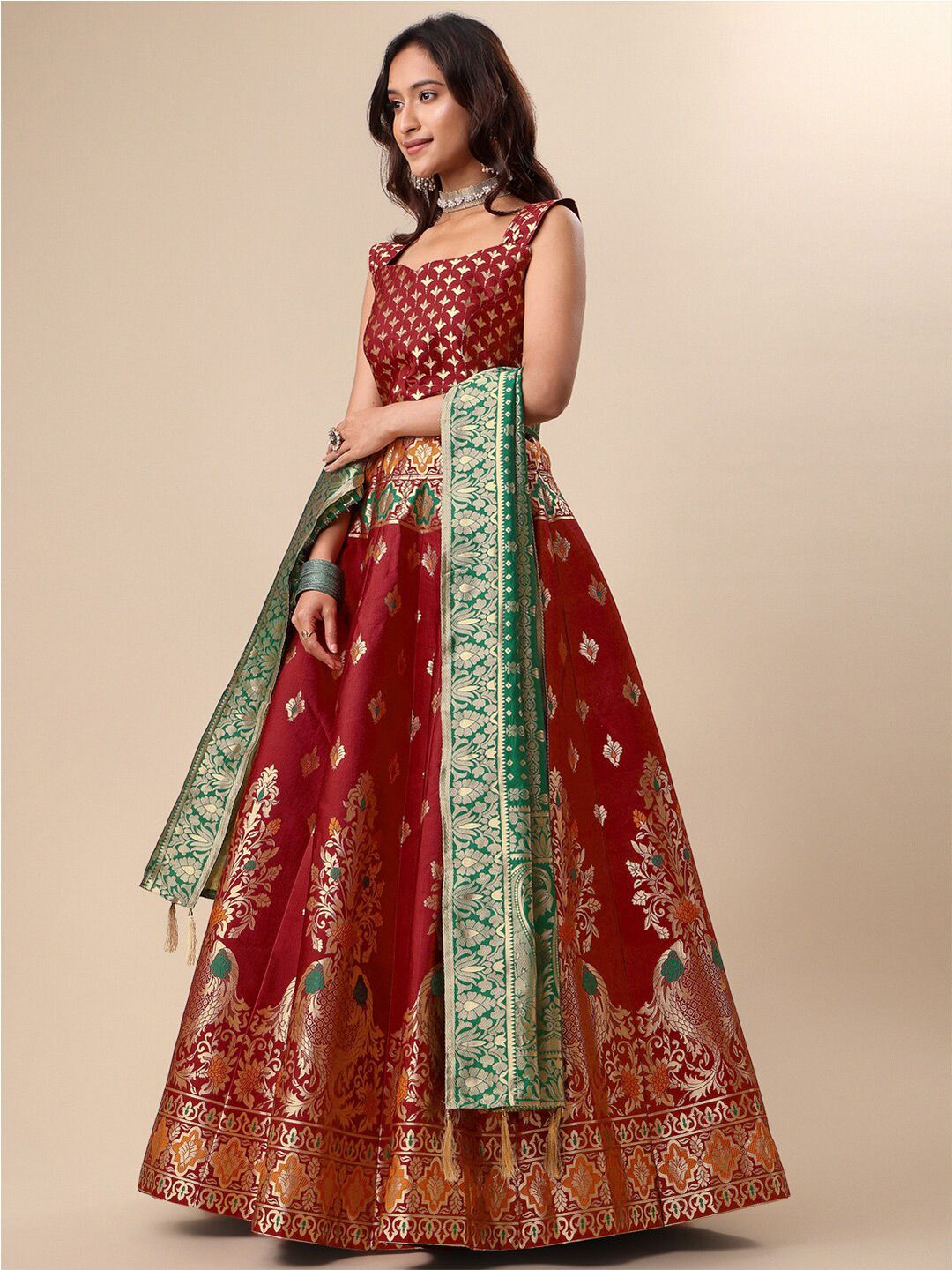 Ready to Wear Lehenga & Unstitched Blouse With Dupatta - Red & Green