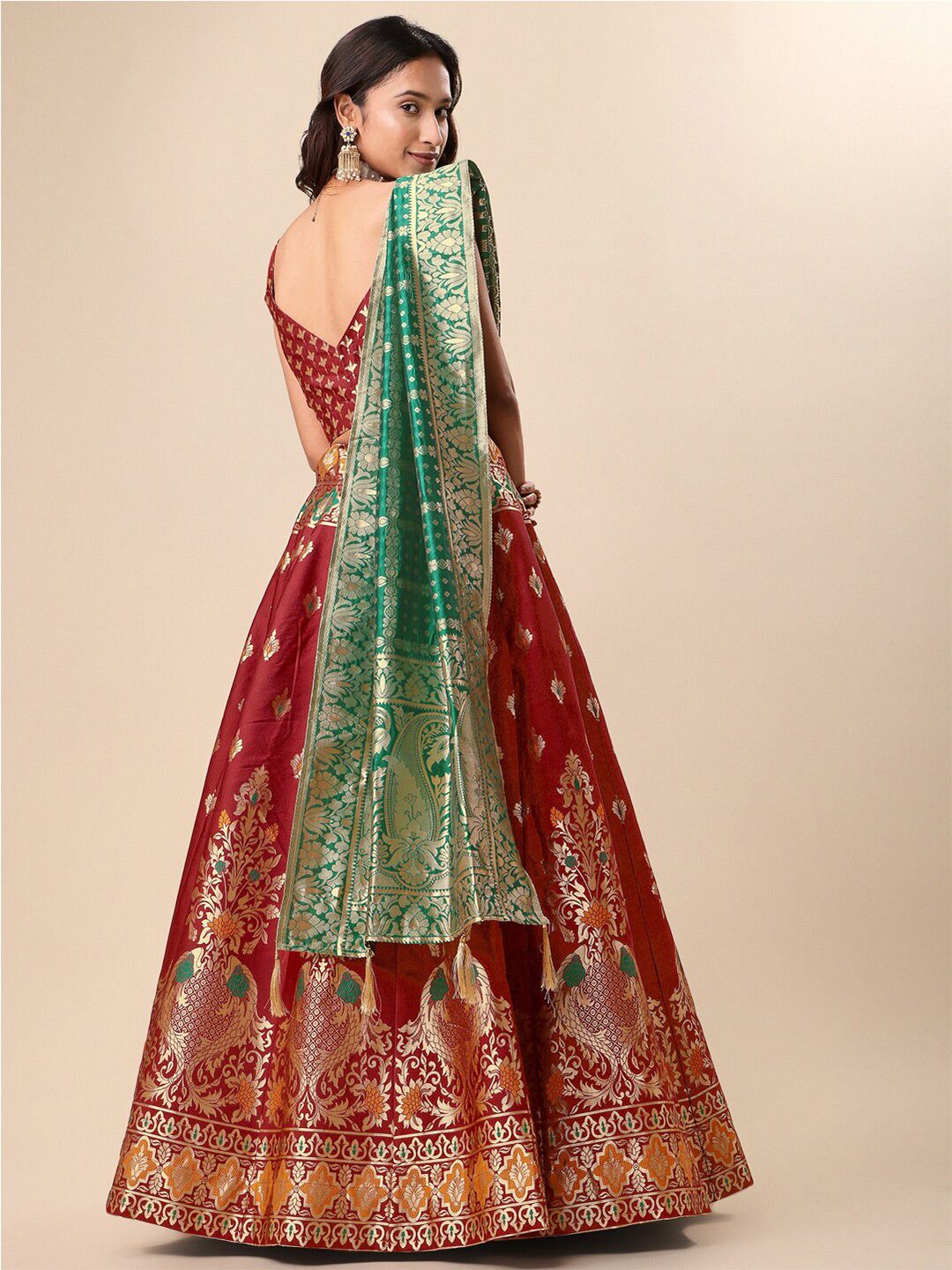 Ready to Wear Lehenga & Unstitched Blouse With Dupatta - Red & Green
