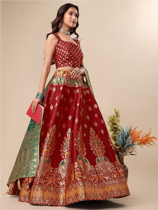 Ready to Wear Lehenga & Unstitched Blouse With Dupatta - Red & Green