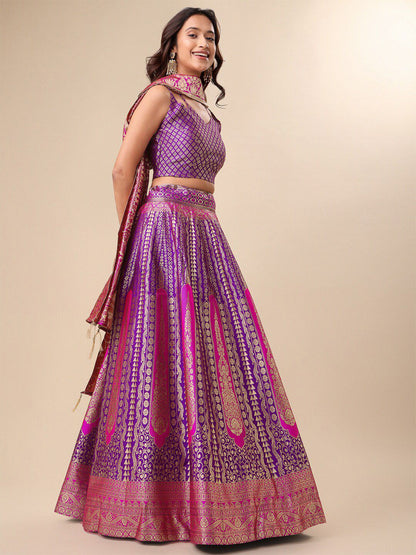 Magenta and gold ready-to-wear lehenga with unstitched blouse and dupatta for women, view 7