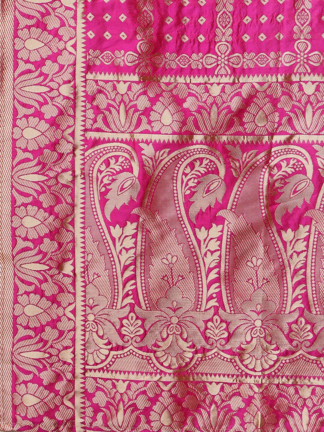 Ready to Wear Lehenga & Unstitched Blouse With Dupatta - Magenta & Gold