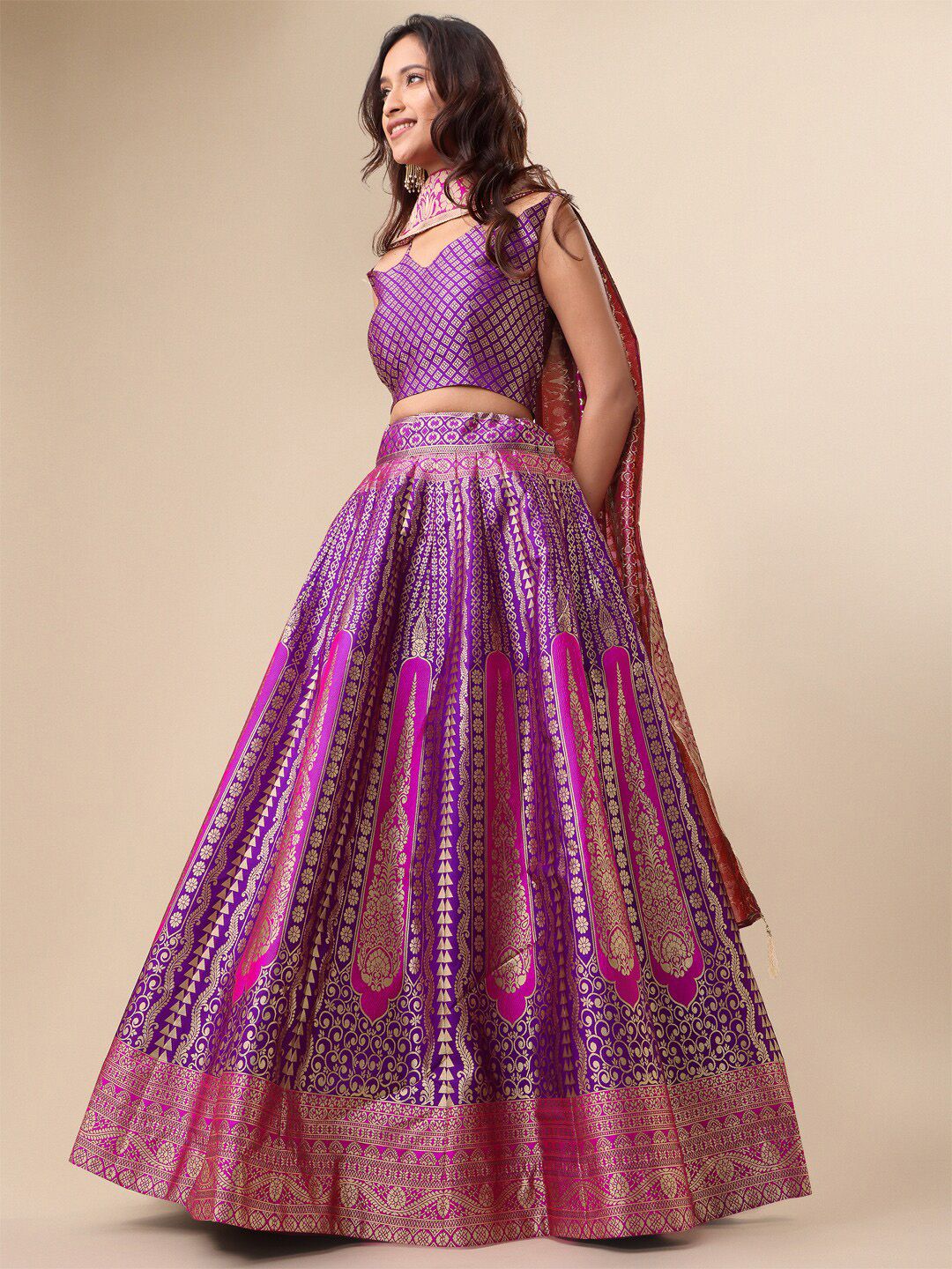 Ready to Wear Lehenga & Unstitched Blouse With Dupatta - Magenta & Gold