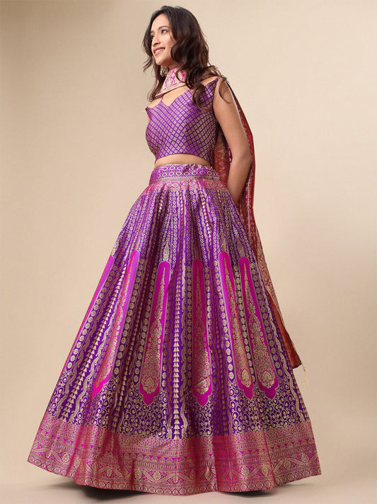 Ready to Wear Lehenga & Unstitched Blouse With Dupatta - Magenta & Gold