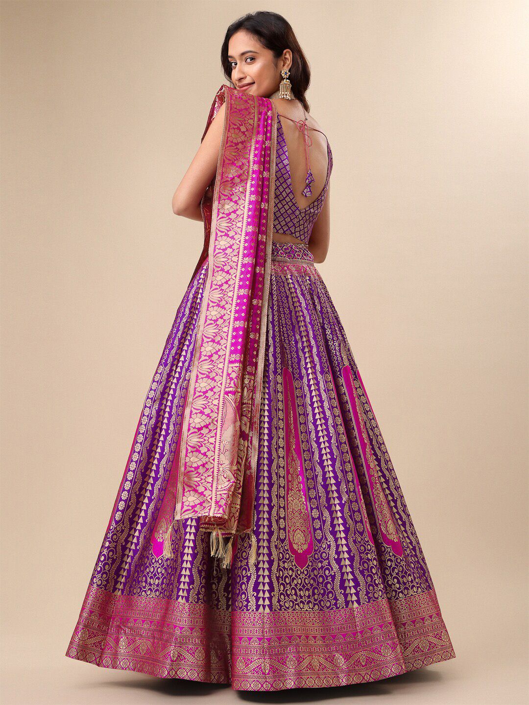 Ready to Wear Lehenga & Unstitched Blouse With Dupatta - Magenta & Gold