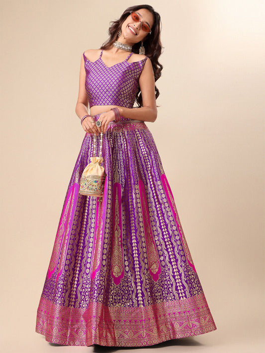 Ready to Wear Lehenga & Unstitched Blouse With Dupatta - Magenta & Gold