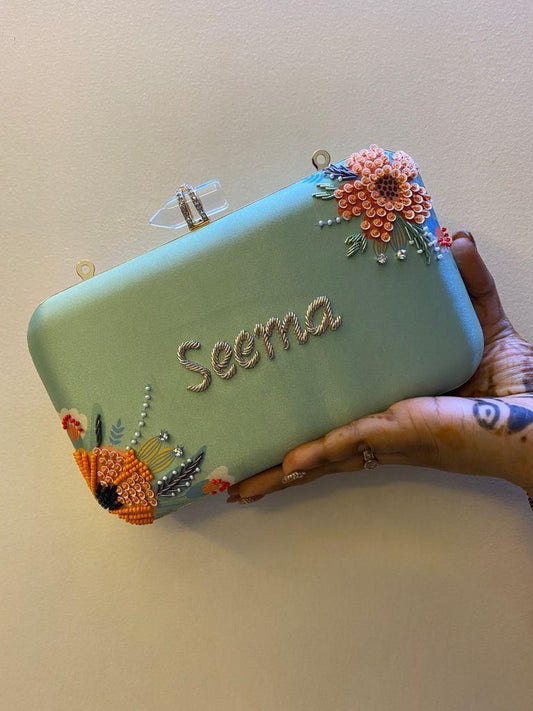 Customised Floral Embroidered Clutch with Transparent Knob - Pastels