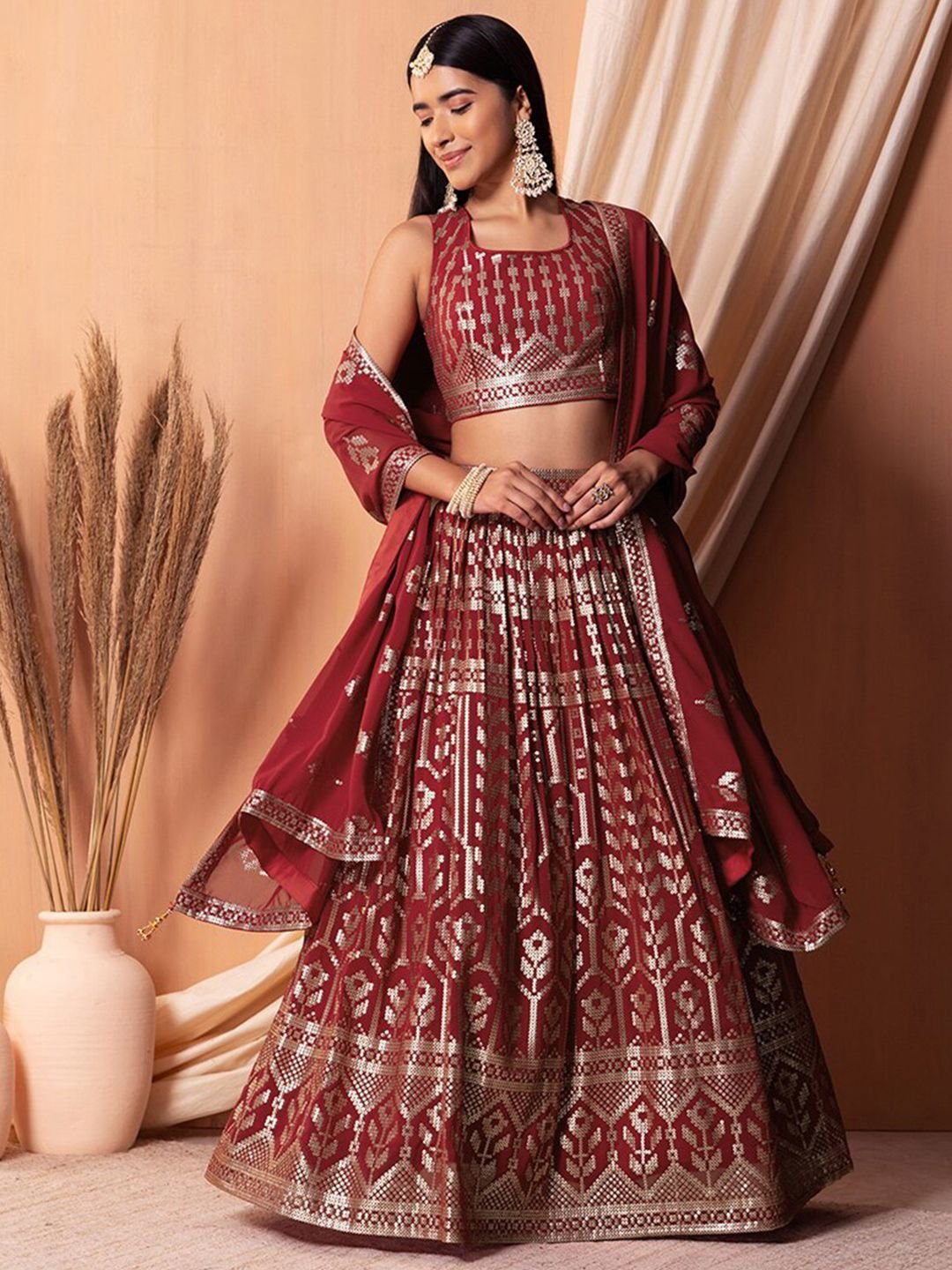 Maroon Embroidered Sequinned Semi-Stitched Lehenga Unstitched Blouse With Dupatta