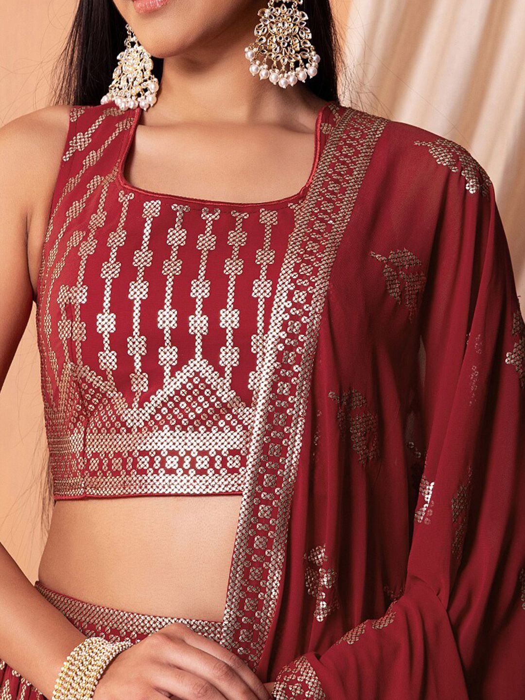 Maroon Embroidered Sequinned Semi-Stitched Lehenga Unstitched Blouse With Dupatta