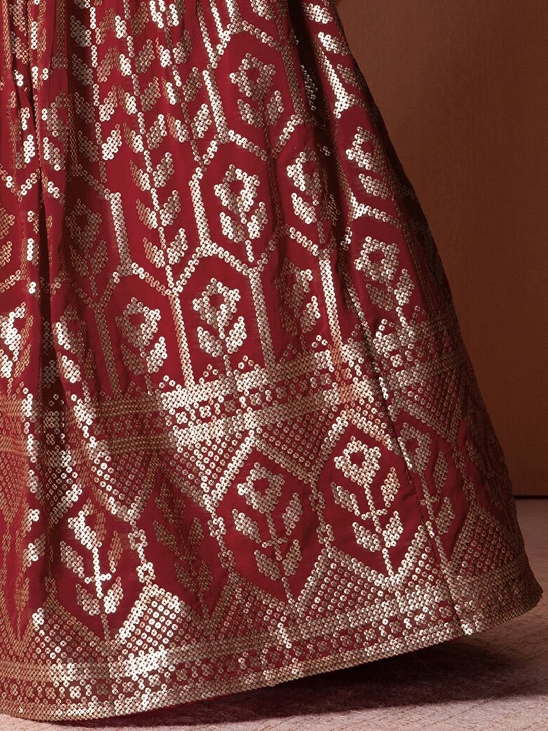Maroon Embroidered Sequinned Semi-Stitched Lehenga Unstitched Blouse With Dupatta