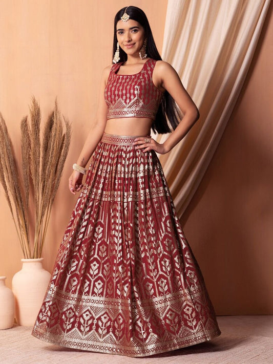 Maroon Embroidered Sequinned Semi-Stitched Lehenga Unstitched Blouse With Dupatta