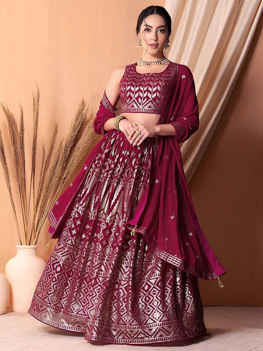 Fascinating Dark Pink Sequins Georgette Festival Wear Lehenga Choli