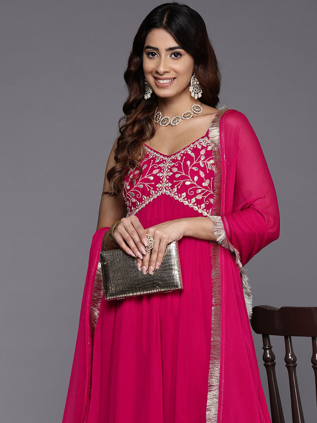 Ethnic Motifs Embroidered Gotta Patti Georgette Kurta With Dupatta