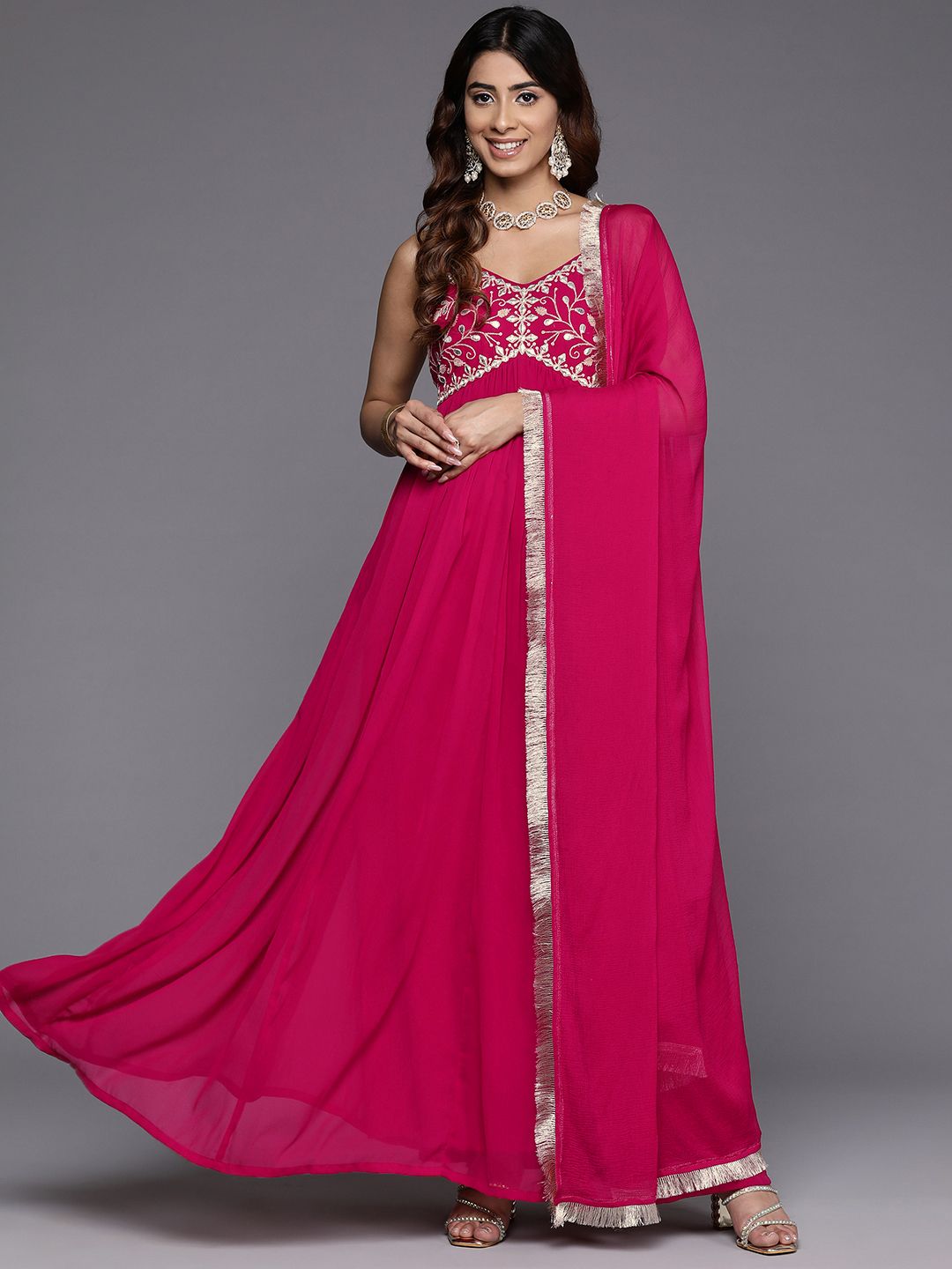 Ethnic Motifs Embroidered Gotta Patti Georgette Kurta With Dupatta