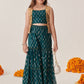 Girls Teal-Green Ethnic Foil Print Georgette A Line Top & Sharara With Short Jacket