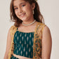 Girls Teal-Green Ethnic Foil Print Georgette A Line Top & Sharara With Short Jacket