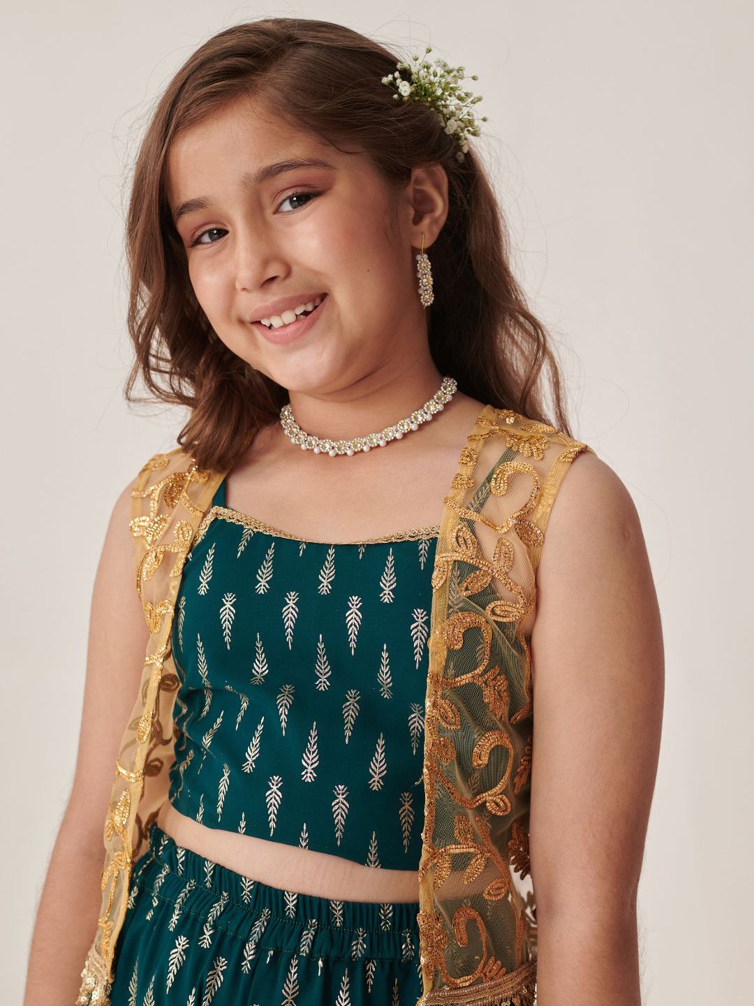 Girls Teal-Green Ethnic Foil Print Georgette A Line Top & Sharara With Short Jacket