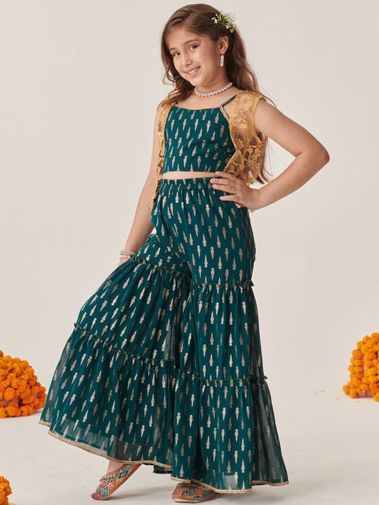 Girls Teal-Green Ethnic Foil Print Georgette A Line Top & Sharara With Short Jacket