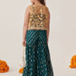 Girls Teal-Green Ethnic Foil Print Georgette A Line Top & Sharara With Short Jacket