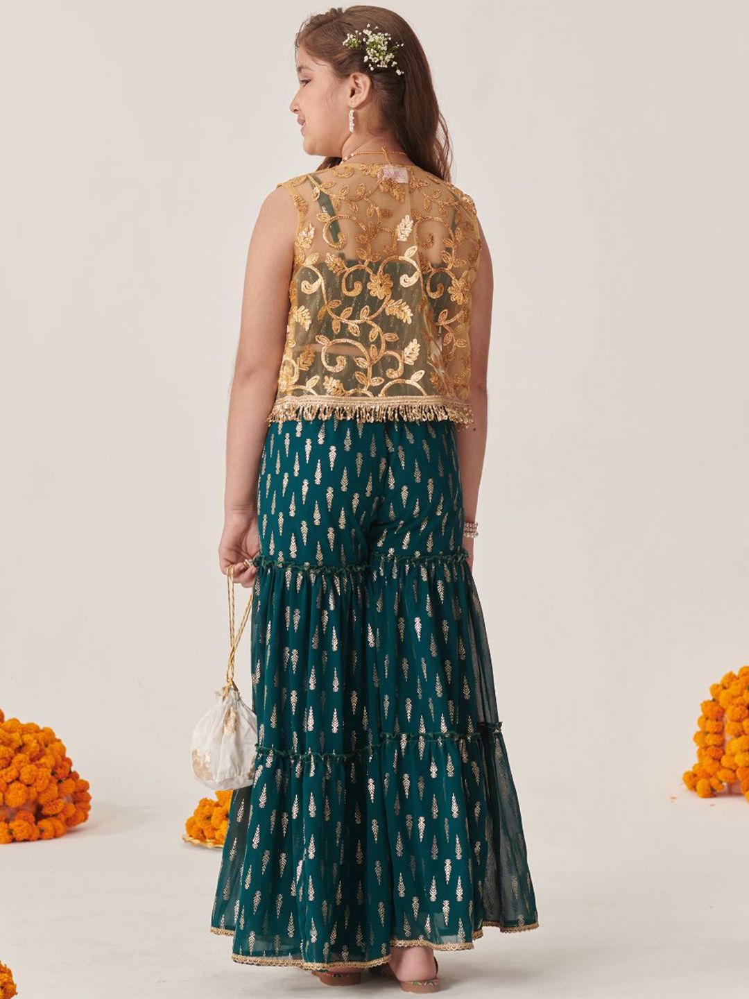 Girls Teal-Green Ethnic Foil Print Georgette A Line Top & Sharara With Short Jacket