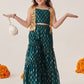 Girls Teal-Green Ethnic Foil Print Georgette A Line Top & Sharara With Short Jacket
