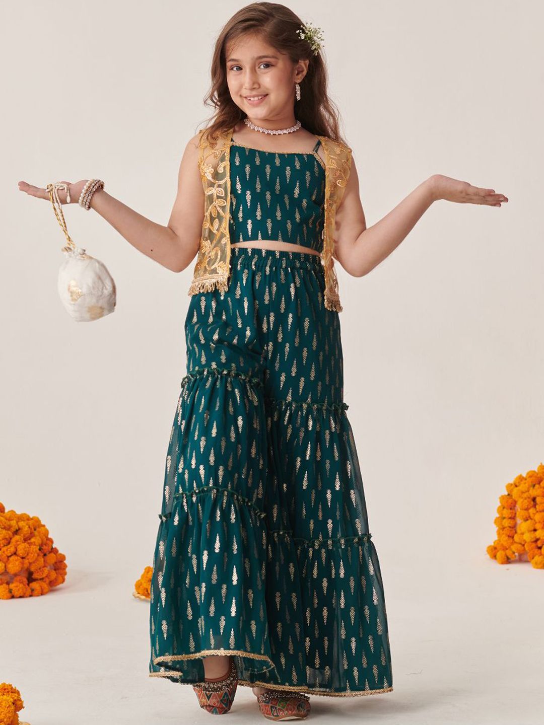 Girls Teal-Green Ethnic Foil Print Georgette A Line Top & Sharara With Short Jacket
