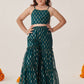 Girls Teal-Green Ethnic Foil Print Georgette A Line Top & Sharara With Short Jacket