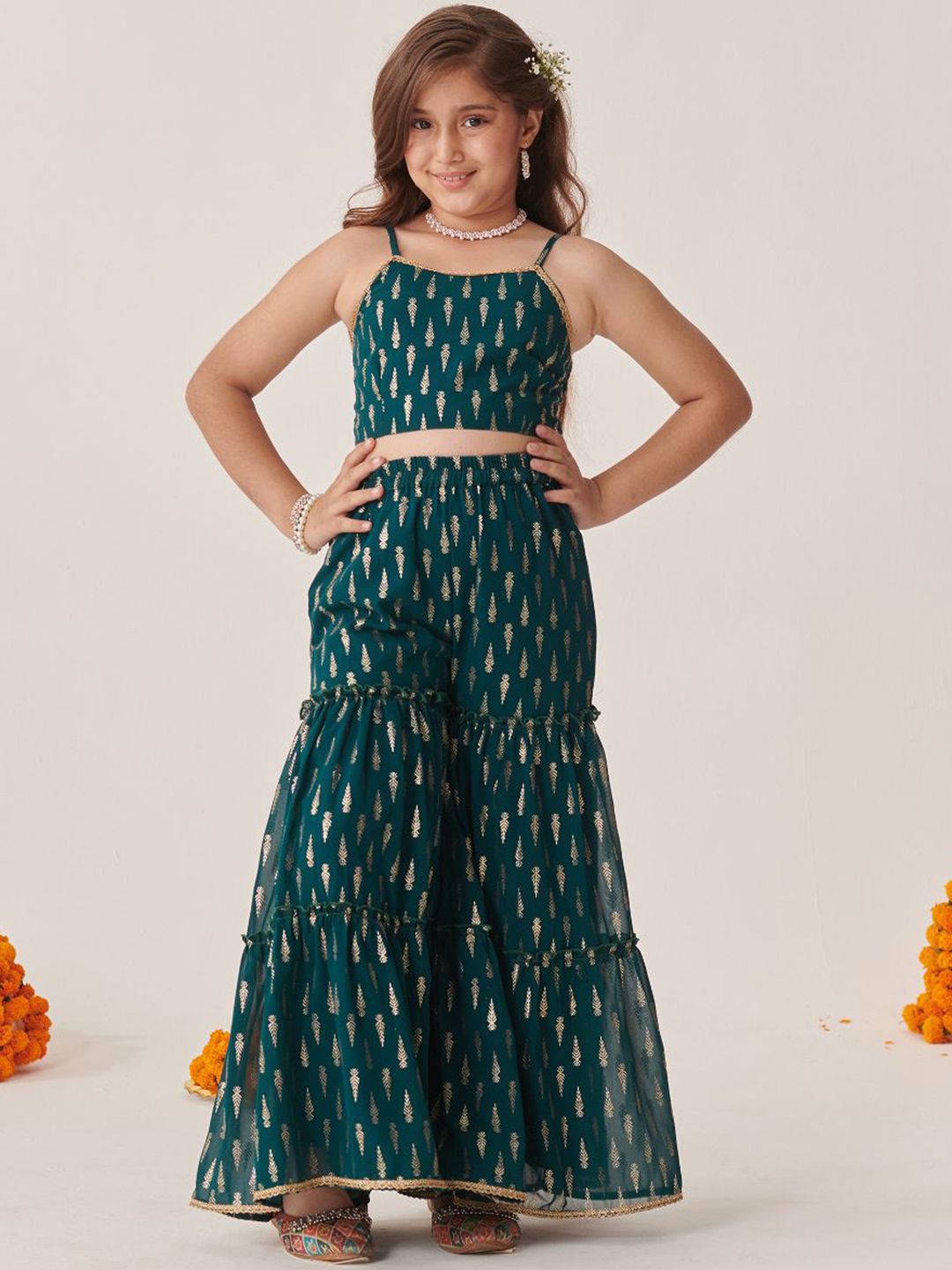 Girls Teal-Green Ethnic Foil Print Georgette A Line Top & Sharara With Short Jacket