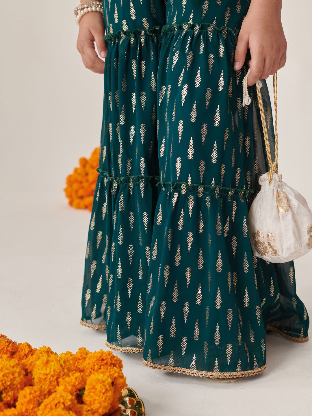 Girls Teal-Green Ethnic Foil Print Georgette A Line Top & Sharara With Short Jacket