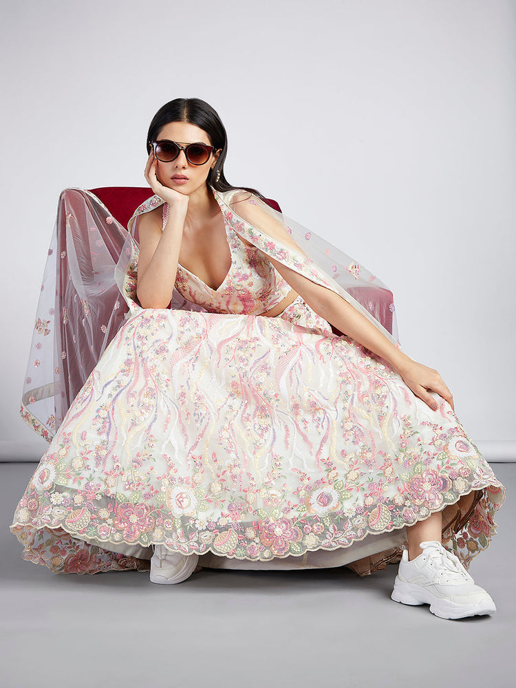 Cream Net Sequins and thread embroidery Semi-Stitched Lehenga choli Dupatta