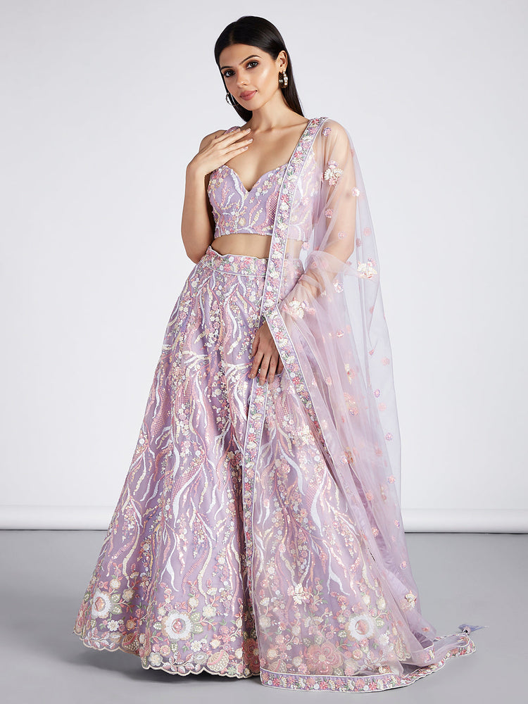 Lavender Net Sequins and thread embroidery Semi-Stitched Lehenga choli & Dupatta