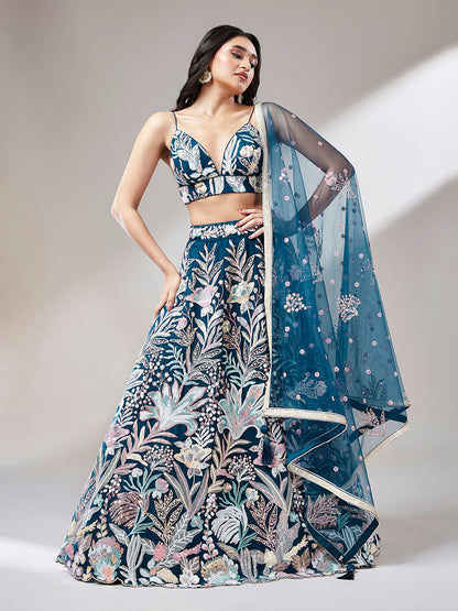 Navy Blue - Net Multi-Sequins Work Semi-Stitched Lehenga