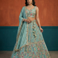 Seagreen - Chinon Sequins, Moti, Mirror and Thread Embroidered Semi-Stitched Lehenga