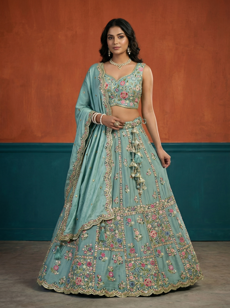 Seagreen - Chinon Sequins, Moti, Mirror and Thread Embroidered Semi-Stitched Lehenga