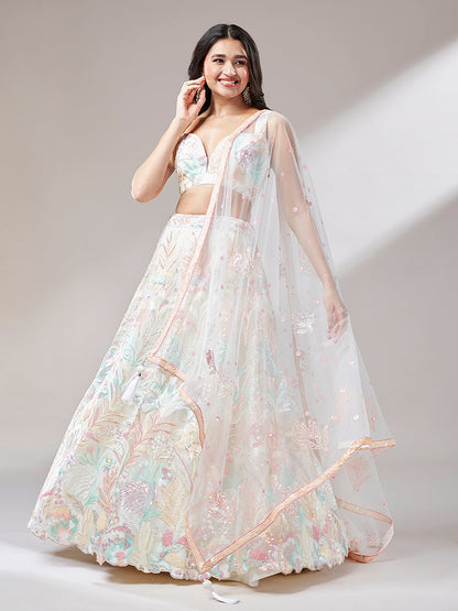 Cream - Net Multi-Sequins Work Semi-Stitched Lehenga