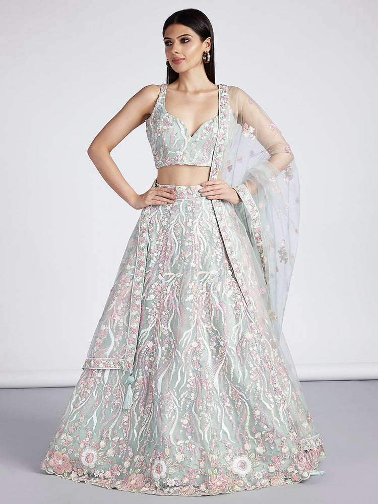 Lime Green Net Sequins and thread embroidery Semi-Stitched Lehenga choli Dupatta