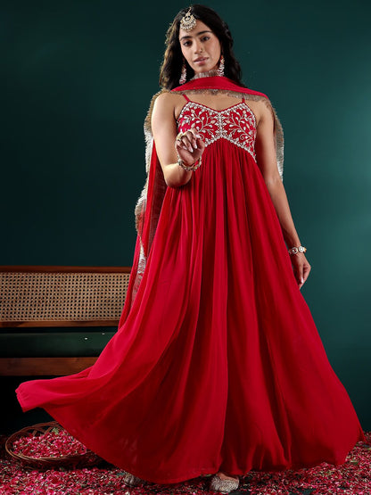 Ethnic Motifs Embroidered Gotta Patti Georgette Kurta With Dupatta