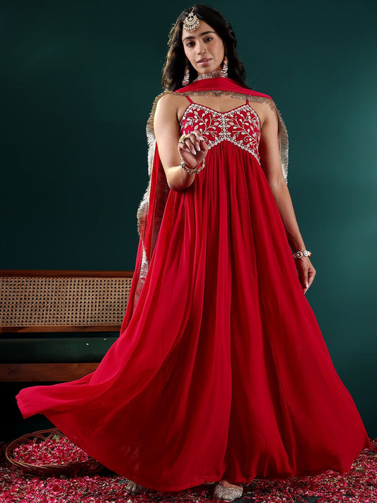 Ethnic Motifs Embroidered Gotta Patti Georgette Kurta With Dupatta