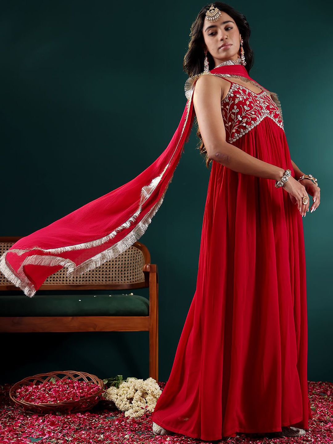 Ethnic Motifs Embroidered Gotta Patti Georgette Kurta With Dupatta
