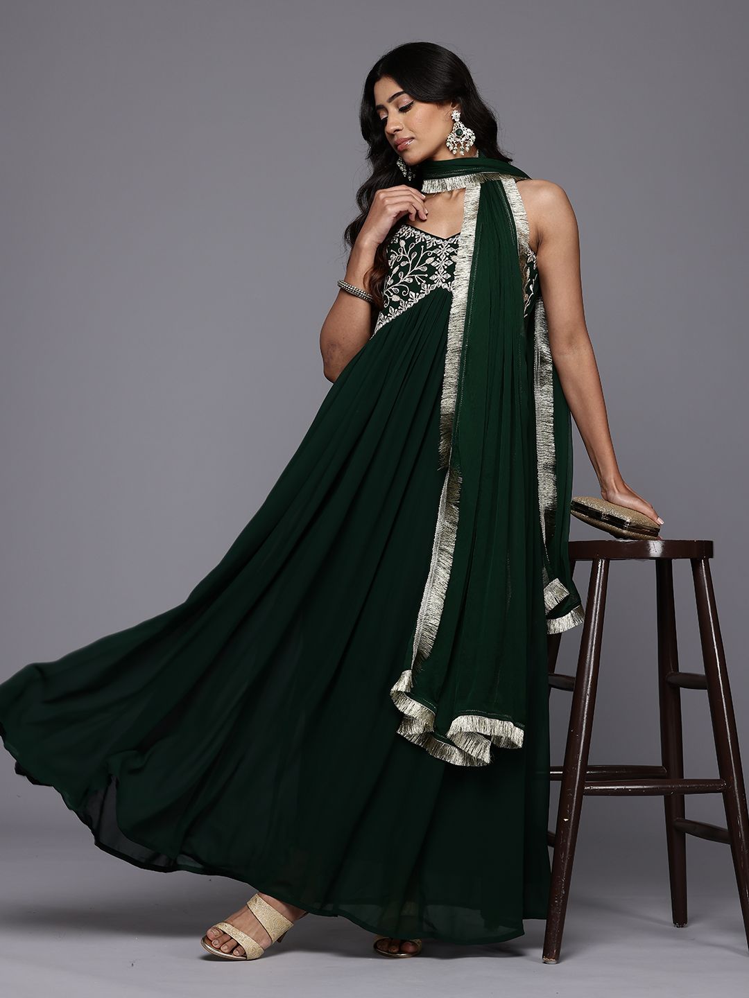 Ethnic Motifs Embroidered Gotta Patti Georgette Kurta With Dupatta