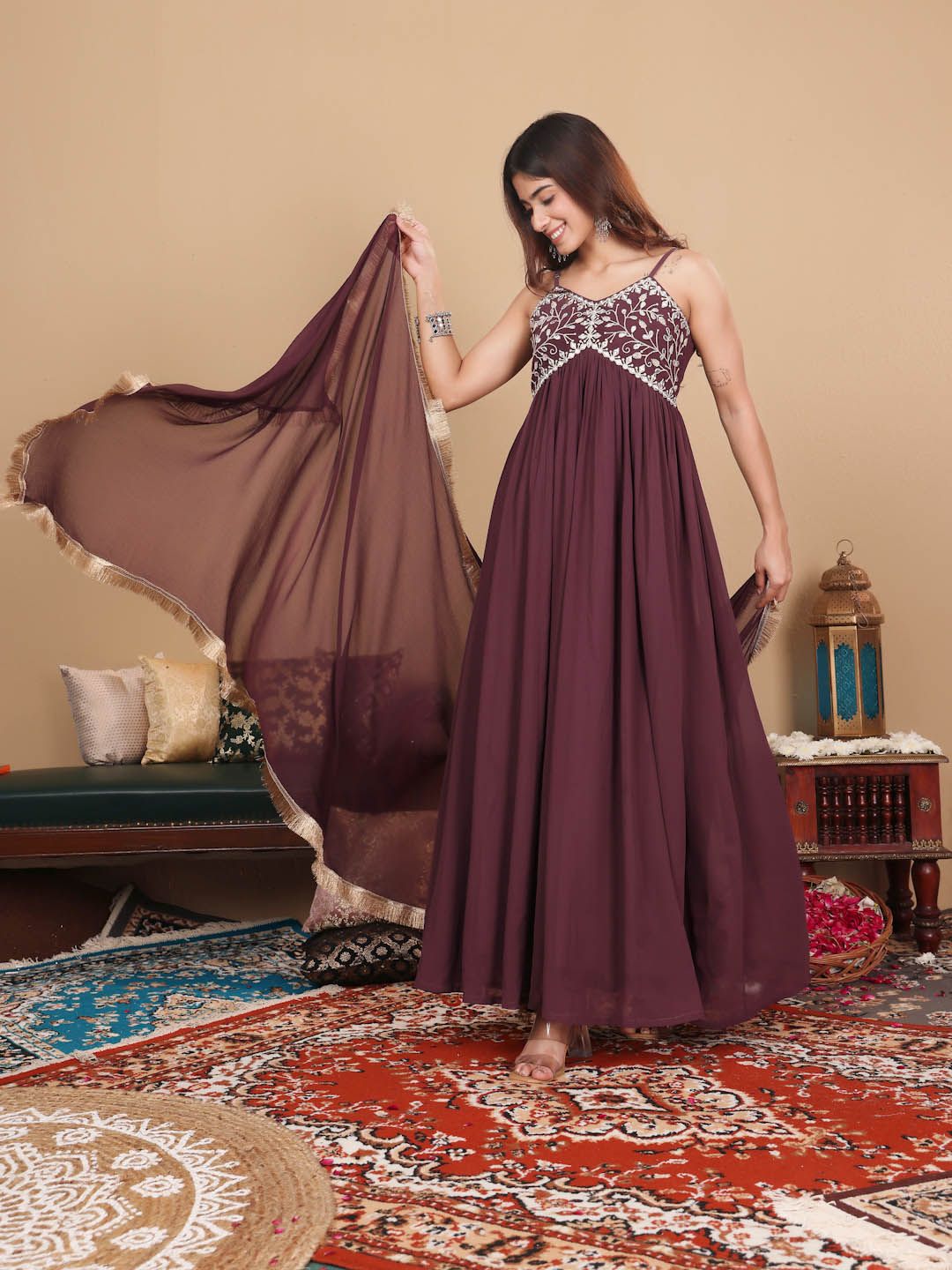 Ethnic Motifs Embroidered Gotta Patti Georgette Kurta With Dupatta