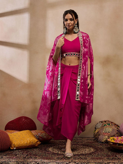 Pink V-Neck Crop Top With Draped Skirt & Cape