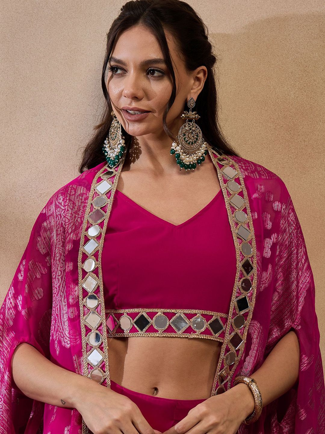 Pink V-Neck Crop Top With Draped Skirt & Cape