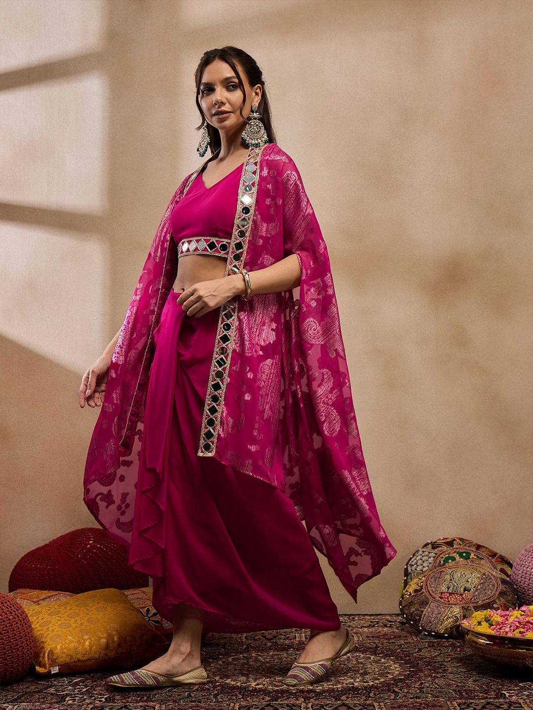 Pink V-Neck Crop Top With Draped Skirt & Cape