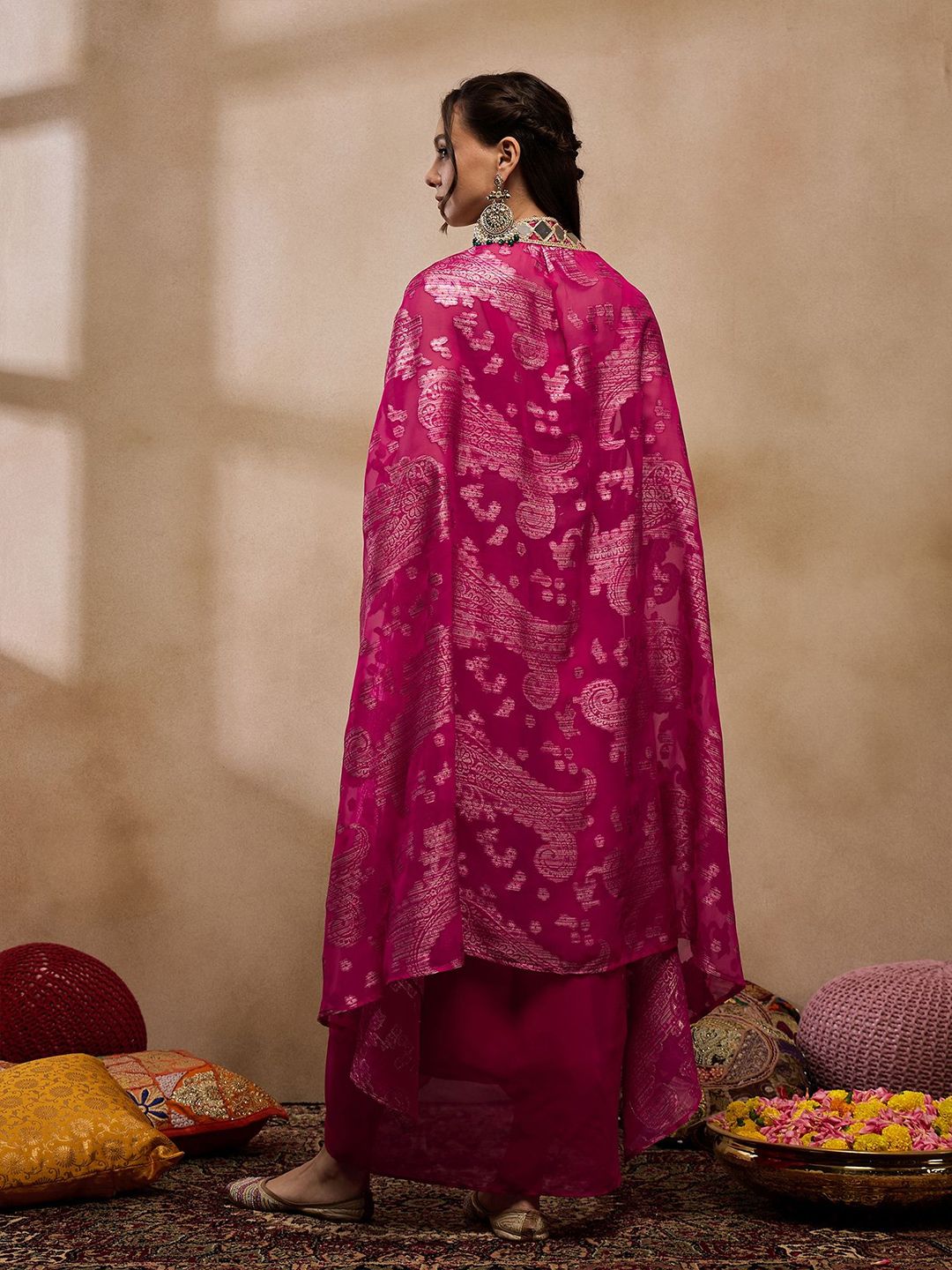 Pink V-Neck Crop Top With Draped Skirt & Cape