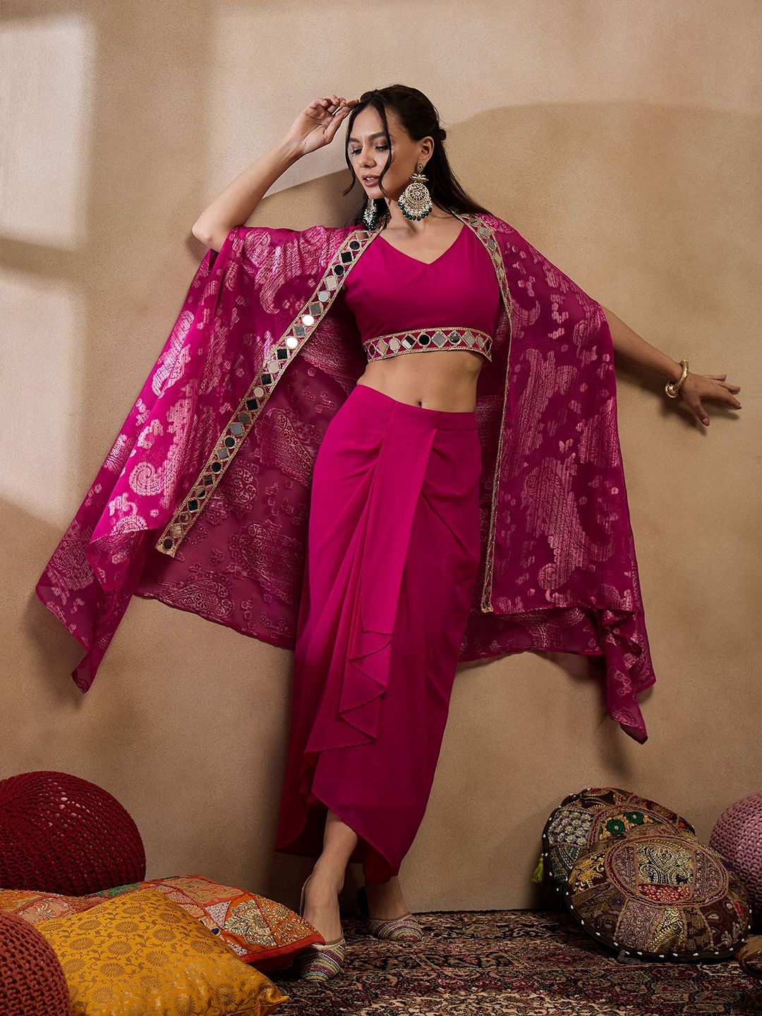 Pink V-Neck Crop Top With Draped Skirt & Cape