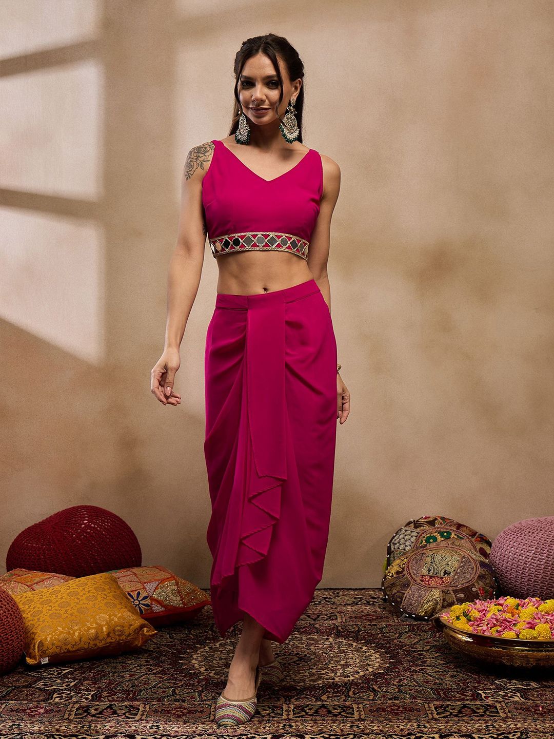Pink V-Neck Crop Top With Draped Skirt & Cape