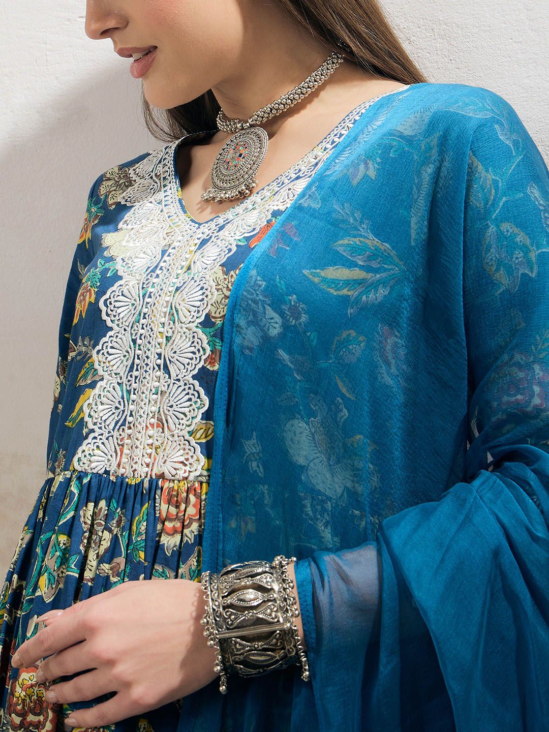 Floral Printed Pure Cotton Anarkali Kurta With Palazzos & Dupatta