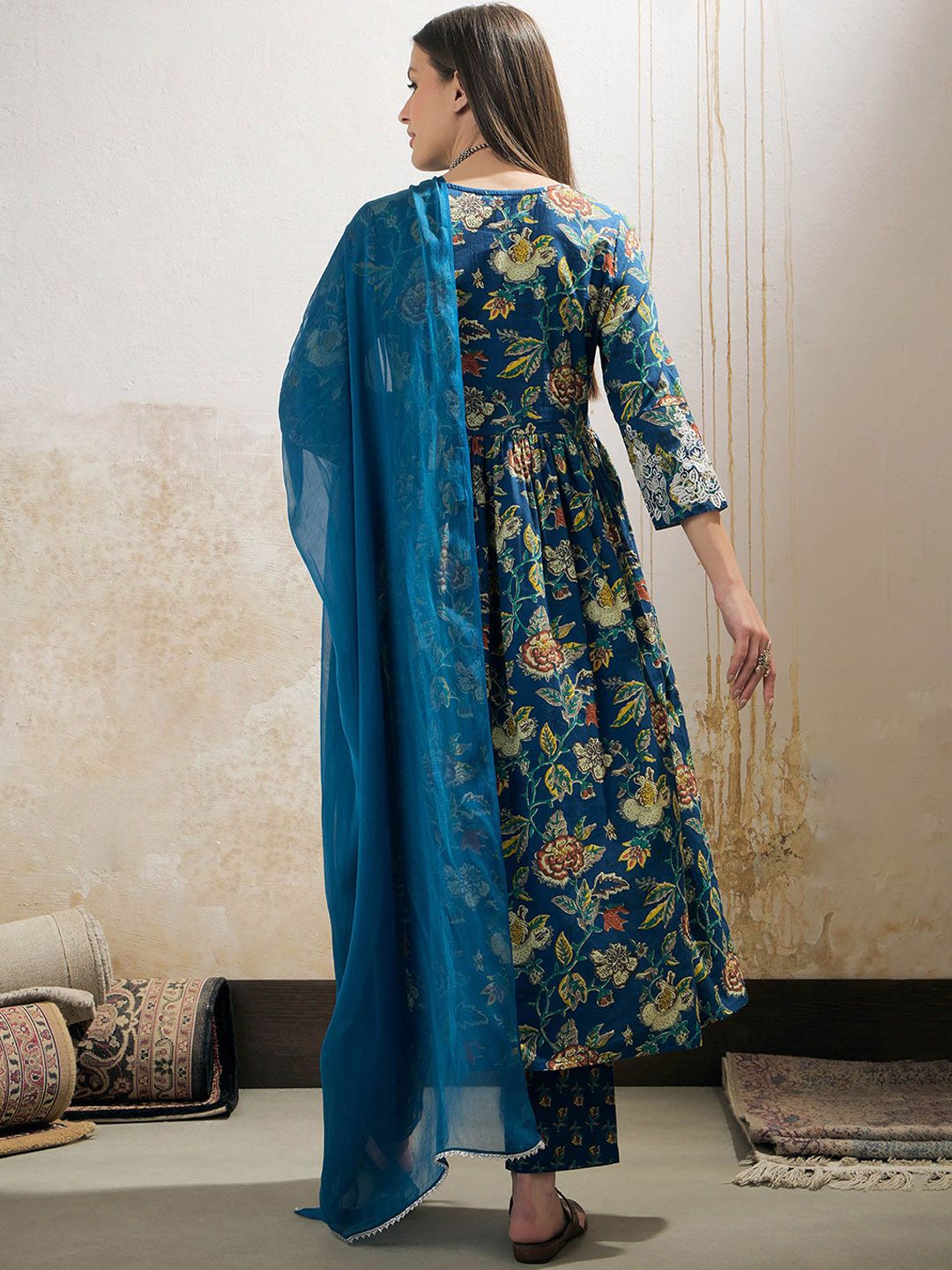 Floral Printed Pure Cotton Anarkali Kurta With Palazzos & Dupatta
