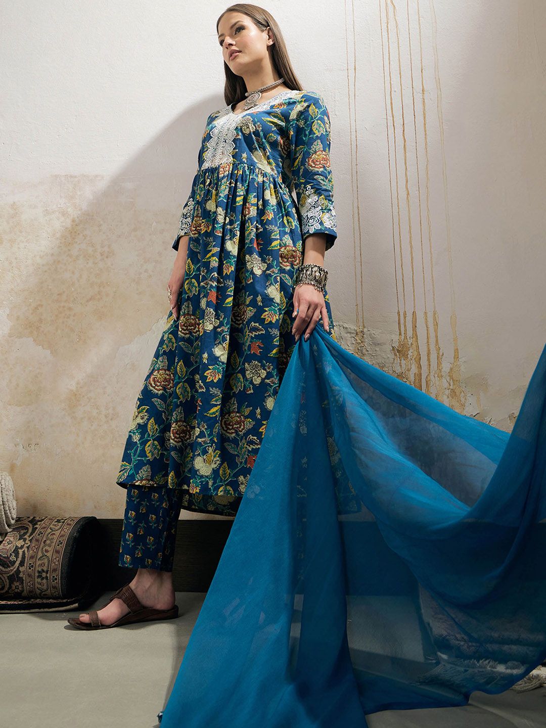 Floral Printed Pure Cotton Anarkali Kurta With Palazzos & Dupatta