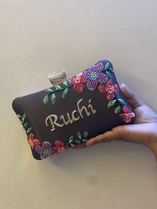 Customised Floral Embroidered Clutch